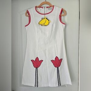 1950s JC Penny White Shift Dress With Red And Navy Accents And Binding.